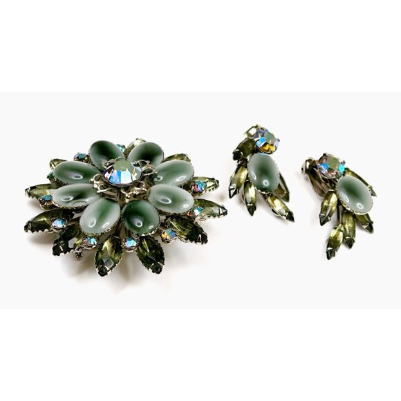 Celebrity Gray Cabochon & AB Rhinestones Brooch Earrings Set Vintage Jewelry - Picture 4 of 7